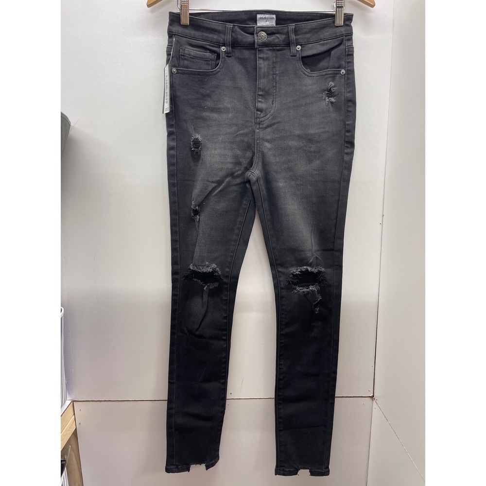 White Birch Distressed Skinny Jeans Black Ripped Knee Raw Hem Size S NWT